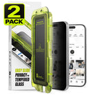 iPhone 18 Pro Max Screen Protector | Easy Slide Privacy Tempered Glass - Two translucent neon yellow-green privacy phone cases shown with retail packaging and two smartphone mockups on a white background. A large '2 PACK' badge appears in the top-left corner.