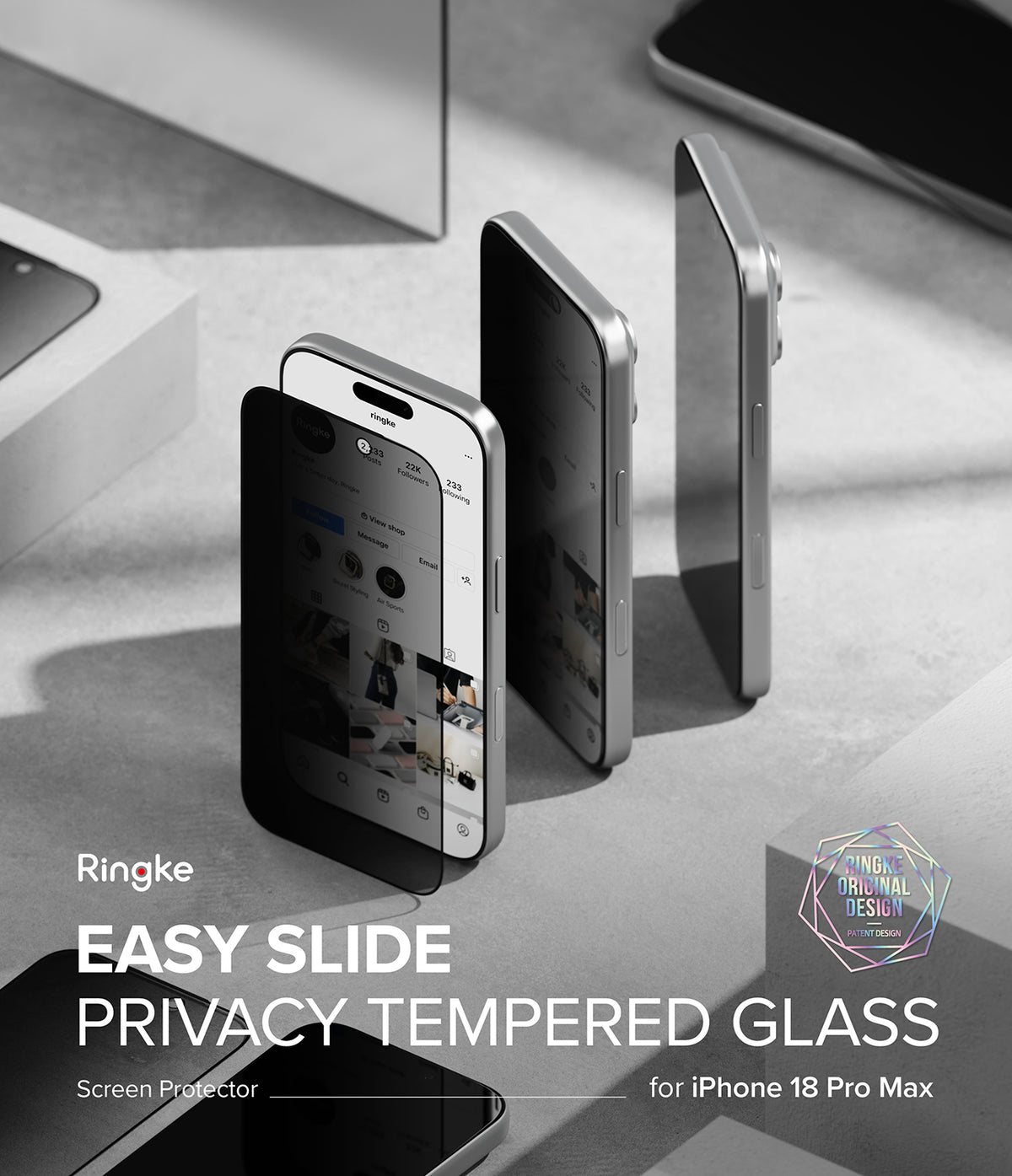 iPhone 18 Pro Max Screen Protector | Easy Slide Privacy Tempered Glass (2 Pack) - Three smartphones displayed on a light gray surface, with a transparent privacy screen protector shown in front of one phone. Text on the image reads 'Ringke EASY SLIDE PRIVACY TEMPERED GLASS Screen Protector for iPhone 18 Pro Max' and includes a small 'The Privacy Design' logo.