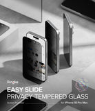 iPhone 18 Pro Max Screen Protector | Easy Slide Privacy Tempered Glass (2 Pack) - Three smartphones displayed on a light gray surface, with a transparent privacy screen protector shown in front of one phone. Text on the image reads 'Ringke EASY SLIDE PRIVACY TEMPERED GLASS Screen Protector for iPhone 18 Pro Max' and includes a small 'The Privacy Design' logo.