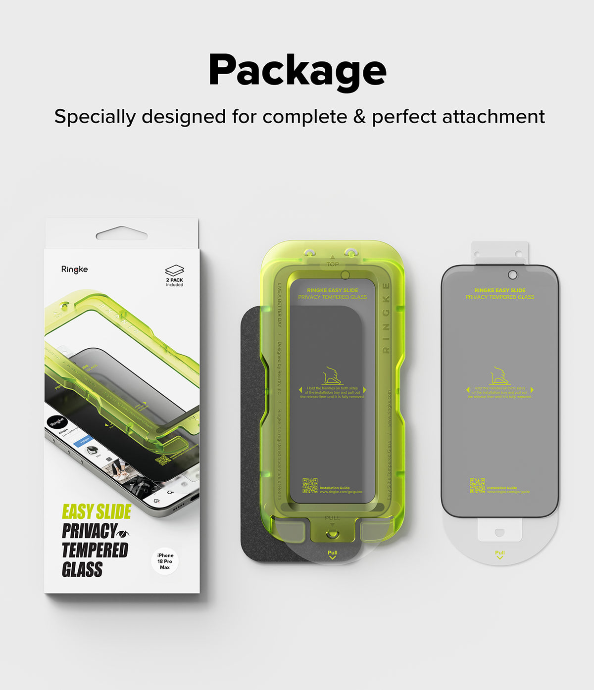 iPhone 18 Pro Max Screen Protector | Easy Slide Privacy Tempered Glass (2 Pack) - Phone screen protector packaging with product and box on a white background