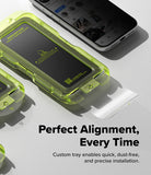 iPhone 18 Pro Max Screen Protector | Easy Slide Privacy Tempered Glass (2 Pack) - A translucent neon yellow-green protective phone case shown around a smartphone, with additional matching cases partially visible. Large text reads 'Perfect Alignment, Every Time' and smaller text says 'Custom tray enables quick, dust-free, and precise installation.