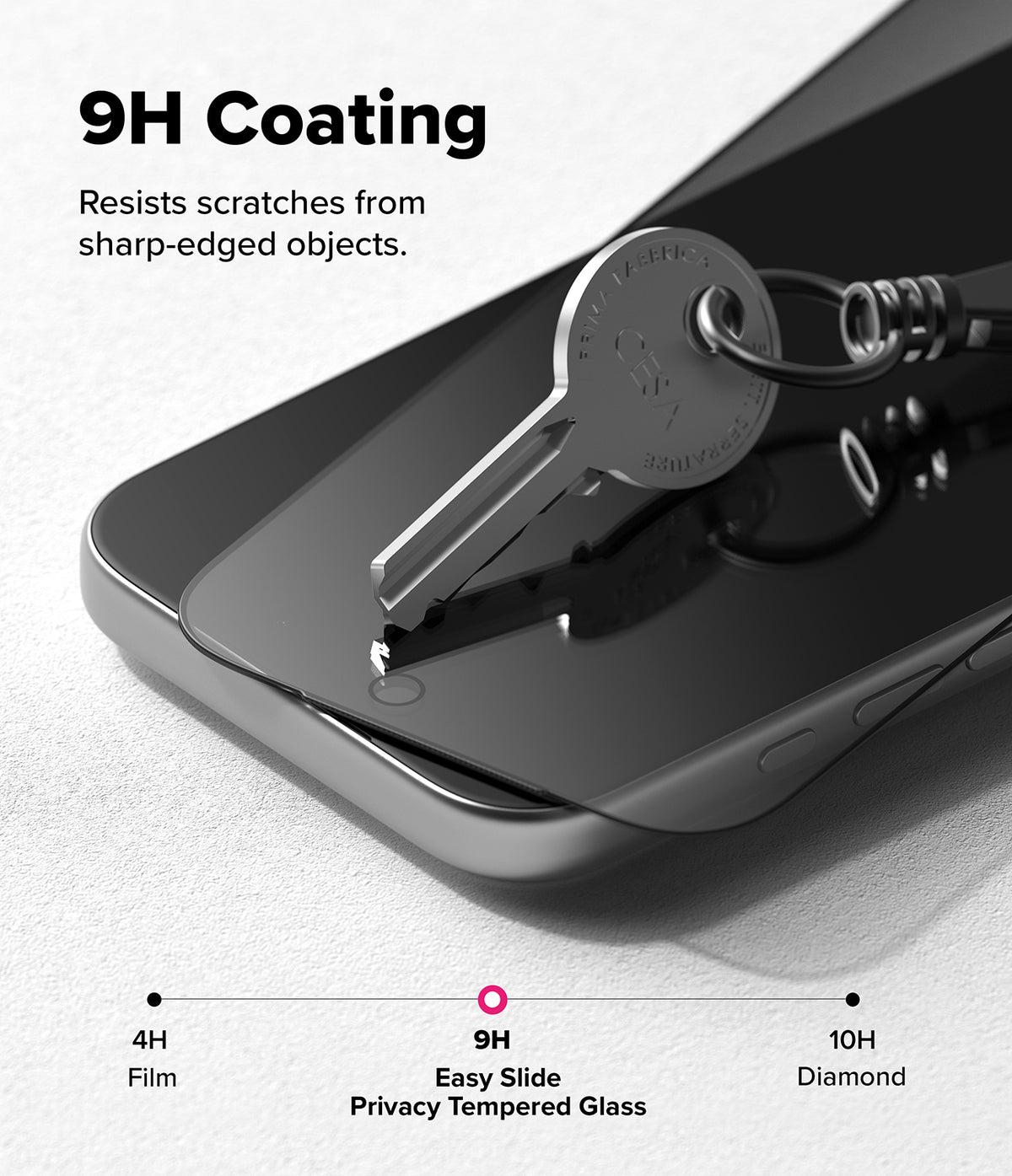 iPhone 18 Pro Max Screen Protector | Easy Slide Privacy Tempered Glass (2 Pack) - A close-up of a smartphone showing a 9H-coated screen protector applied, with a key resting on the glass to demonstrate scratch resistance. Text reads '9H Coating' and 'Resists scratches from sharp-edged objects.