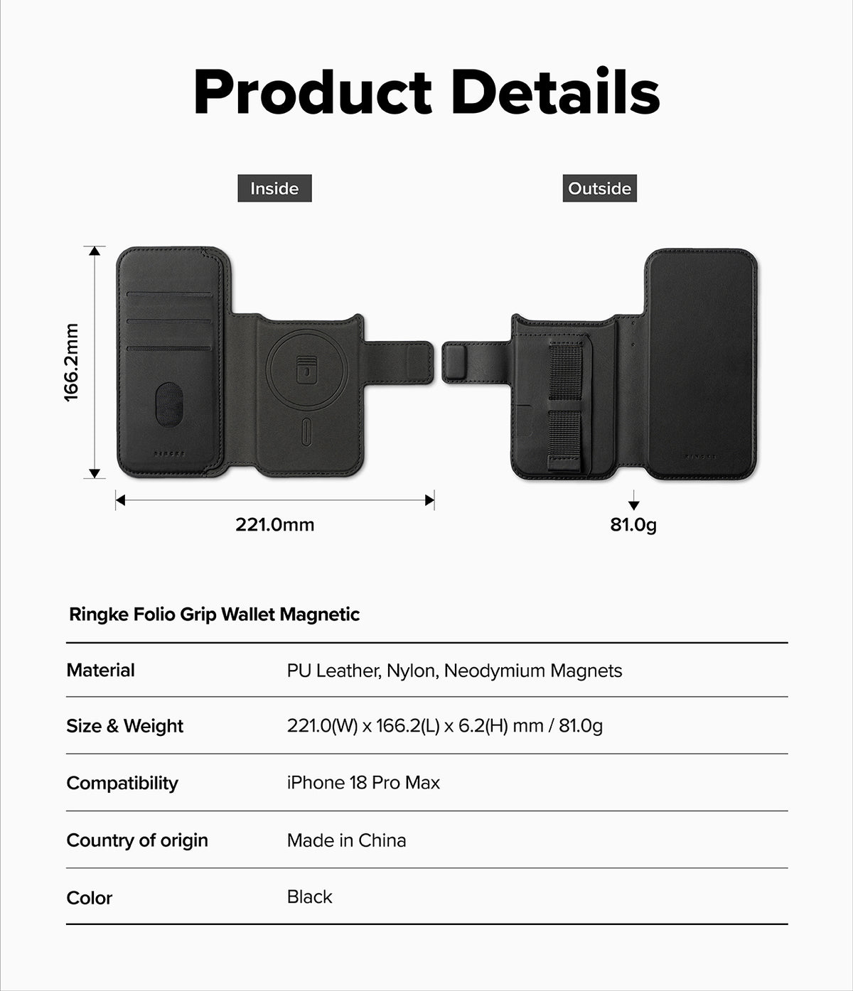iPhone 18 Pro Max MagSafe Wallet | Folio Grip Wallet Magnetic - Product details graphic for a black Ringke Folio Grip Wallet Magnetic case, showing front and back views with dimensions (166.2mm x 221.