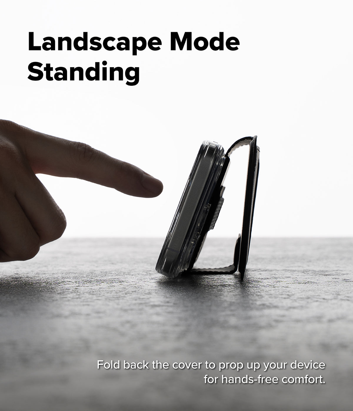 iPhone 18 Pro Max MagSafe Wallet | Folio Grip Wallet Magnetic - A smartphone shown standing upright on its kickstand with a hand pointing toward it. Large text reads 'Landscape Mode Standing' and smaller text says 'Fold back the cover to prop up your device for hands-free comfort.