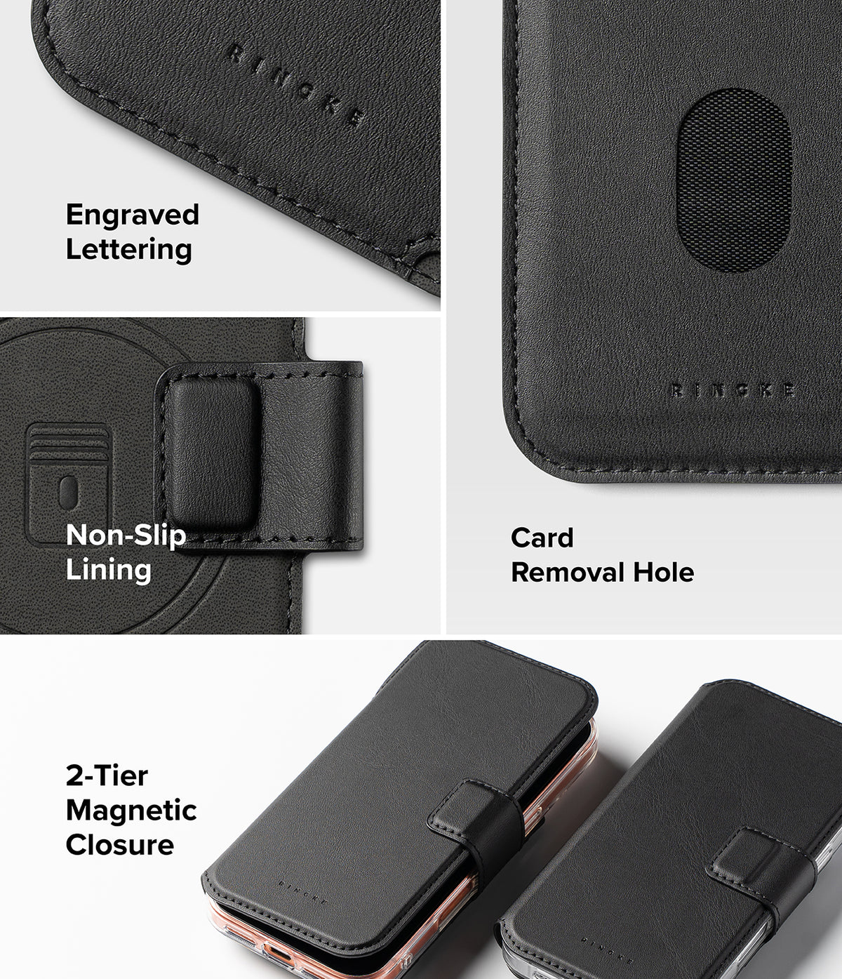 iPhone 18 Pro Max MagSafe Wallet | Folio Grip Wallet Magnetic - Black faux leather phone wallet case shown in a multi-panel feature graphic with text labels including 'Engraved Lettering,' 'Non-Slip Lining,' 'Card Removal Hole,' and '2-Tier Magnetic Closure.' The collage includes close-up detail shots and two angled views of the case on a light gray background.