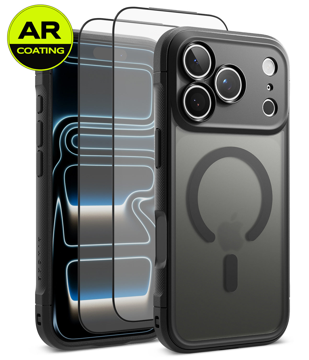 [Bundle] iPhone 18 Pro / Pro Max | Fusion Bold Magnetic Matte + AR Protectors - A dark gray protective phone case with a MagSafe ring on the back, shown alongside two clear AR-coated screen protectors with blue light reflections. A green circular 'AR COATING' badge is in the top-left corner.