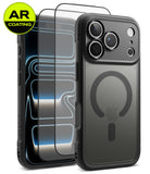 [Bundle] iPhone 18 Pro / Pro Max | Fusion Bold Magnetic Matte + AR Protectors - A dark gray protective phone case with a MagSafe ring on the back, shown alongside two clear AR-coated screen protectors with blue light reflections. A green circular 'AR COATING' badge is in the top-left corner.