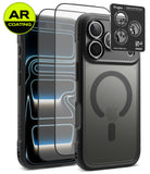 [Bundle] iPhone 18 Pro / Pro Max | Fusion Bold Magnetic Matte + AR Protectors - A dark gray protective phone case with a MagSafe ring on the back, shown alongside two clear AR-coated screen protectors with blue light reflections. A green circular 'AR COATING' badge is in the top-left corner.