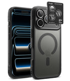 [Bundle] iPhone 18 Pro / Pro Max | Fusion Bold Magnetic Matte + Protectors - Ringke iPhone case in matte black, shown from both the front and back angles. The back view features a MagSafe-compatible circular magnetic ring and a black camera lens protector overlay with Ringke branding.