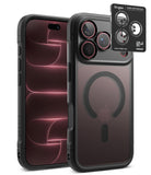 [Bundle] iPhone 18 Pro / Pro Max | Fusion Bold Magnetic Matte + AR Protectors - Ringke iPhone case in matte black, shown from both the front and back angles. The back view features a MagSafe-compatible circular magnetic ring and a black camera lens protector overlay with Ringke branding.