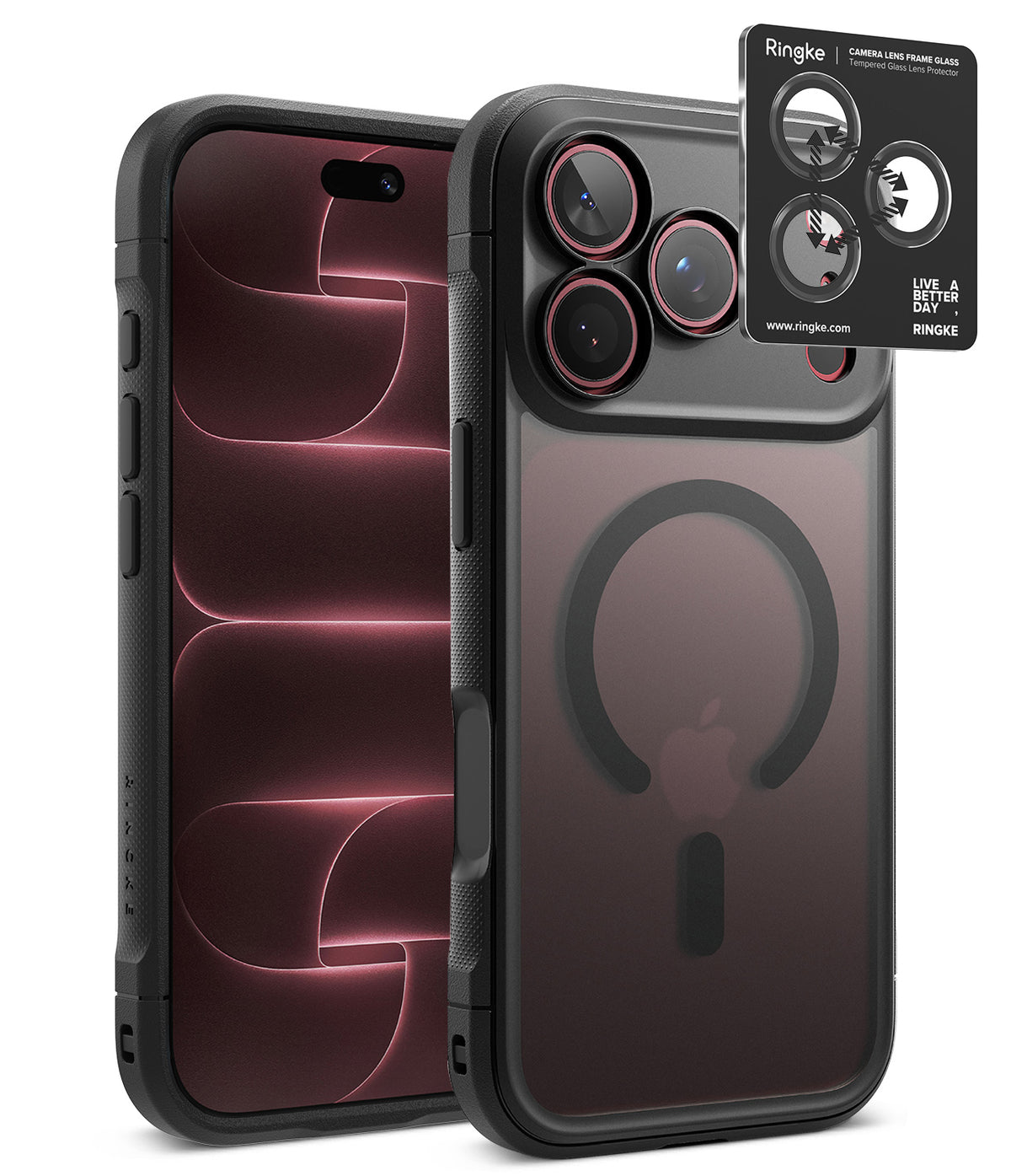 [Bundle] iPhone 18 Pro / Pro Max | Fusion Bold Magnetic Matte + Privacy Protectors - Ringke iPhone case in matte black, shown from both the front and back angles. The back view features a MagSafe-compatible circular magnetic ring and a black camera lens protector overlay with Ringke branding.