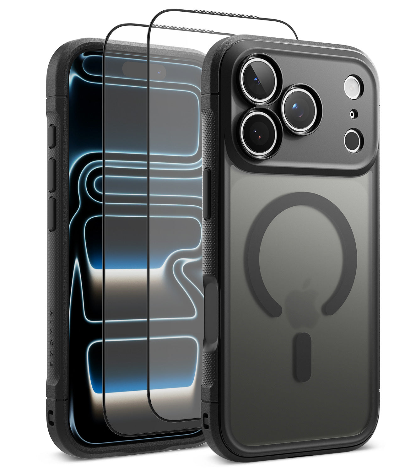 [Bundle] iPhone 18 Pro / Pro Max | Fusion Bold Magnetic Matte + Protectors - A dark gray protective phone case shown from the back and side, with a matching screen protector overlay displayed on the front. The case features a MagSafe-compatible circular magnetic ring on the back, a raised camera cutout, and a rugged black bumper edge.