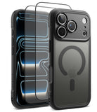 [Bundle] iPhone 18 Pro / Pro Max | Fusion Bold Magnetic Matte + Protectors - A dark gray protective phone case shown from the back and side, with a matching screen protector overlay displayed on the front. The case features a MagSafe-compatible circular magnetic ring on the back, a raised camera cutout, and a rugged black bumper edge.