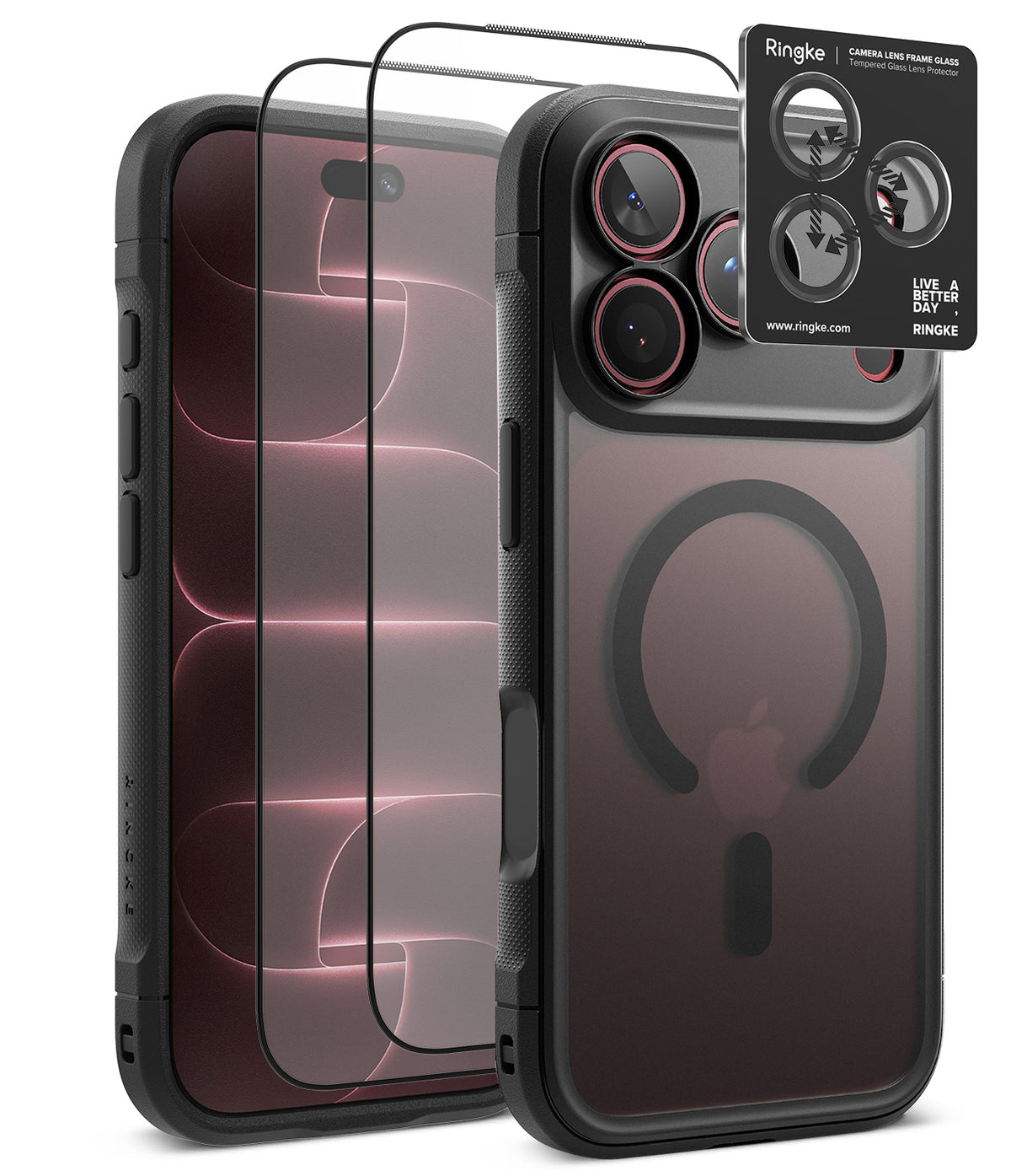 [Bundle] iPhone 18 Pro / Pro Max | Fusion Bold Magnetic Matte + Protectors - A black protective phone case shown from the back and side, with two transparent screen protectors floating in front and a small product card labeled Ringke in the upper right. The case has a dark gray MagSafe-compatible ring area and a camera cutout with three lenses visible.