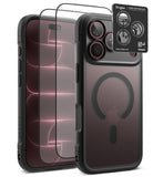 [Bundle] iPhone 18 Pro / Pro Max | Fusion Bold Magnetic Matte + Protectors - A black protective phone case shown from the back and side, with two transparent screen protectors floating in front and a small product card labeled Ringke in the upper right. The case has a dark gray MagSafe-compatible ring area and a camera cutout with three lenses visible.