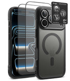 [Bundle] iPhone 18 Pro / Pro Max | Fusion Bold Magnetic Matte + Protectors - A black protective phone case shown from the back and side, with two transparent screen protectors floating in front and a small product card labeled Ringke in the upper right. The case has a dark gray MagSafe-compatible ring area and a camera cutout with three lenses visible.