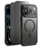 [Bundle] iPhone 18 Pro / Pro Max | Fusion Bold Magnetic Matte + Privacy Protectors - Three views of a dark gray MagSafe-compatible phone case on a white background, showing the back with the magnetic ring, the side profile, and the front screen view.