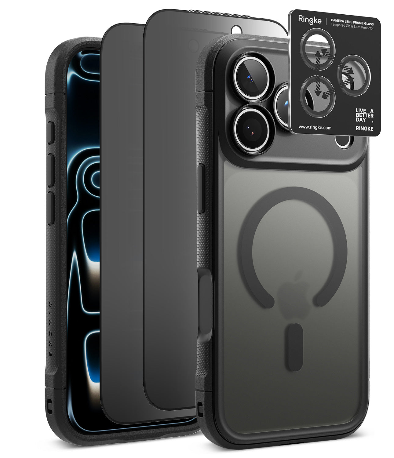 [Bundle] iPhone 18 Pro / Pro Max | Fusion Bold Magnetic Matte + Privacy Protectors - A black protective phone case shown from multiple angles, including the back with a MagSafe ring, the side profile, and a small accessory card labeled Ringke.