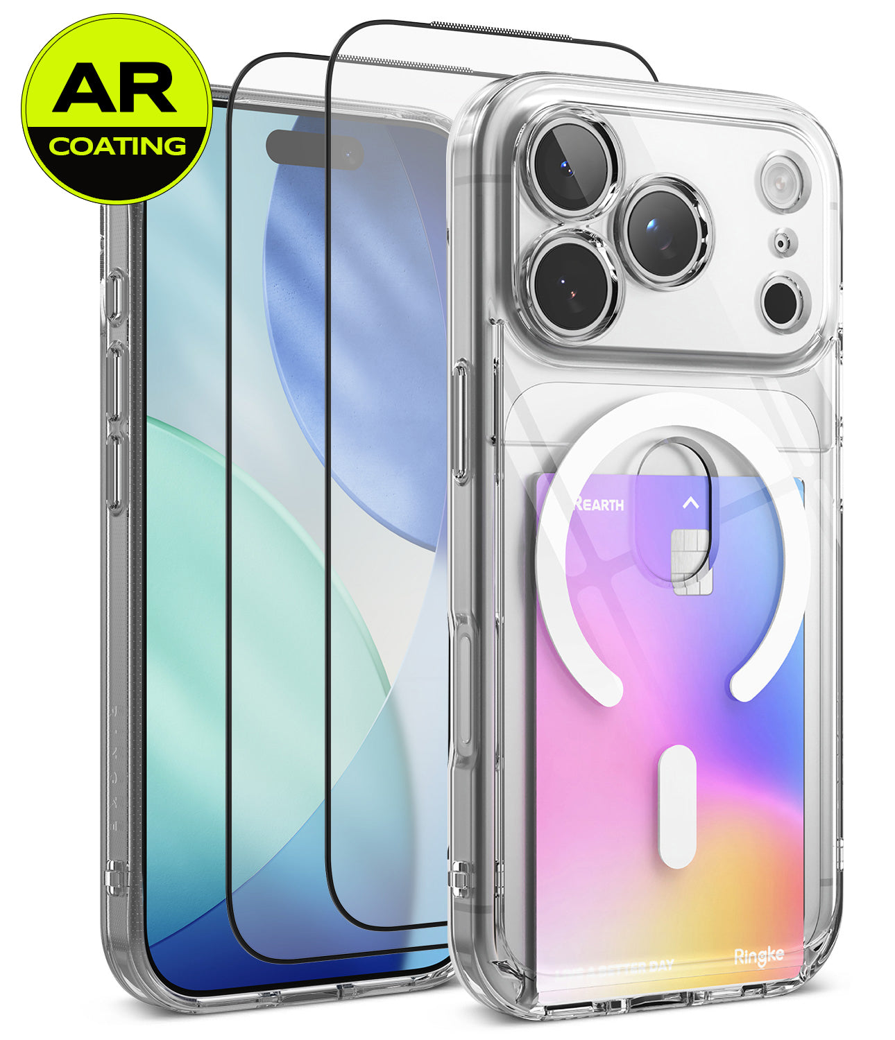 [Bundle] iPhone 18 Pro | Fusion Card Magnetic + AR Protectors - Clear MagSafe-compatible phone case with a built-in card slot and transparent screen protector, shown on a smartphone with a colorful pastel wallpaper. A yellow circular 'AR COATING' badge appears in the top-left corner.