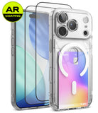 [Bundle] iPhone 18 Pro | Fusion Card Magnetic + AR Protectors - Clear MagSafe-compatible phone case with a built-in card slot and transparent screen protector, shown on a smartphone with a colorful pastel wallpaper. A yellow circular 'AR COATING' badge appears in the top-left corner.