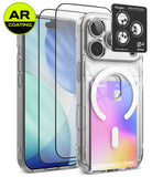 [Bundle] iPhone 18 Pro | Fusion Card Magnetic + AR Protectors - Clear protective phone case with a built-in white MagSafe ring, shown alongside two black AR-coating screen protectors and a Ringke camera lens protector sticker. The case is displayed on a smartphone with a pastel gradient wallpaper.