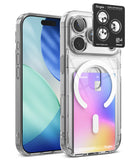 [Bundle] iPhone 18 Pro | Fusion Card Magnetic + AR Protectors - A transparent protective phone case shown on a smartphone, with a black Ringke camera lens protector sticker applied to the rear camera area. The case is clear and fitted around a phone with a blue and mint wallpaper on the front and a pastel gradient wallpaper on the back.