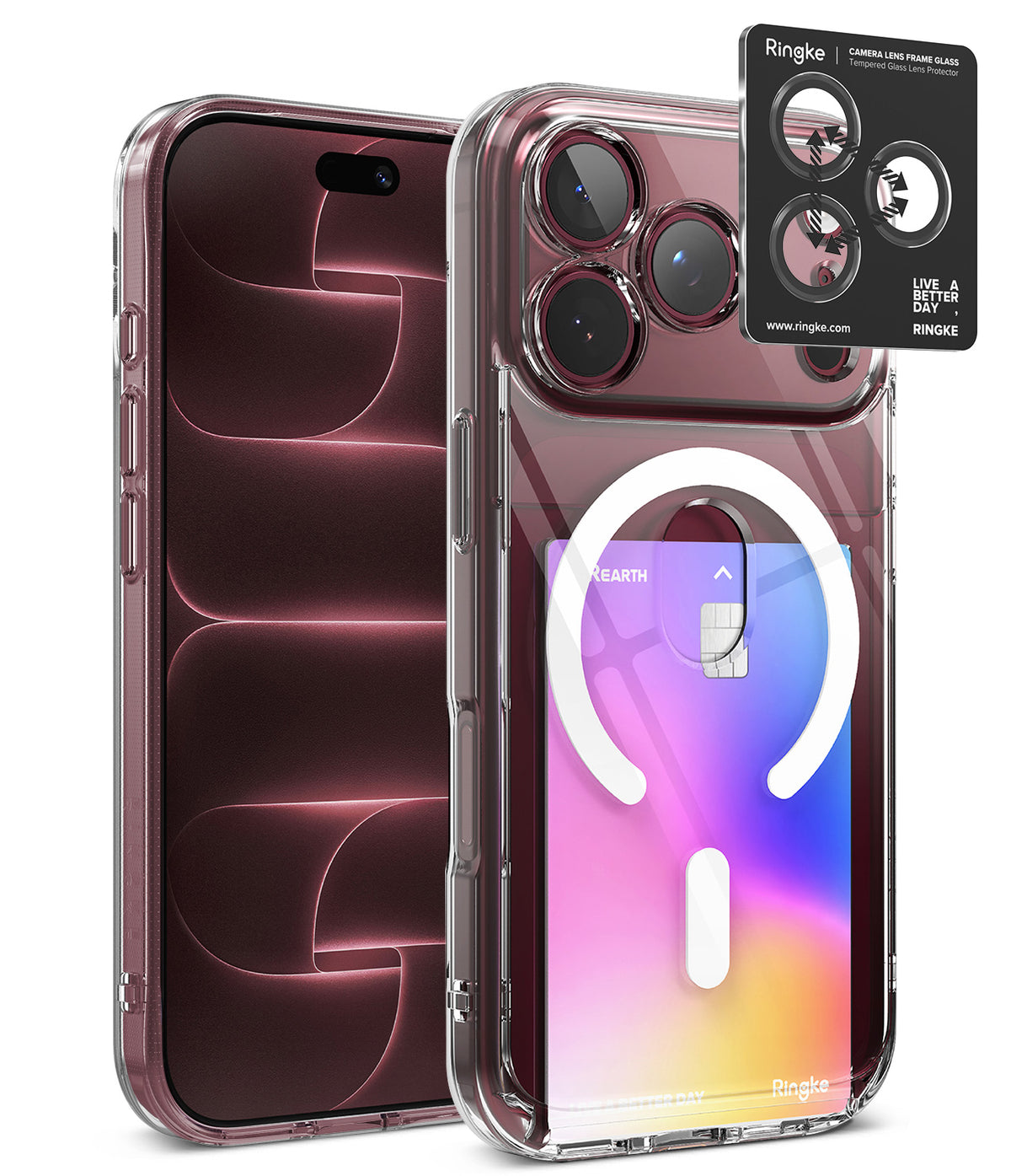 [Bundle] iPhone 18 Pro | Fusion Card Magnetic + Protectors - A transparent protective phone case shown on a smartphone, with a black Ringke camera lens protector sticker applied to the rear camera area. The case is clear and fitted around a phone with a blue and mint wallpaper on the front and a pastel gradient wallpaper on the back.