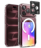 [Bundle] iPhone 18 Pro | Fusion Card Magnetic + Privacy Protectors - A transparent protective phone case shown on a smartphone, with a black Ringke camera lens protector sticker applied to the rear camera area. The case is clear and fitted around a phone with a blue and mint wallpaper on the front and a pastel gradient wallpaper on the back.