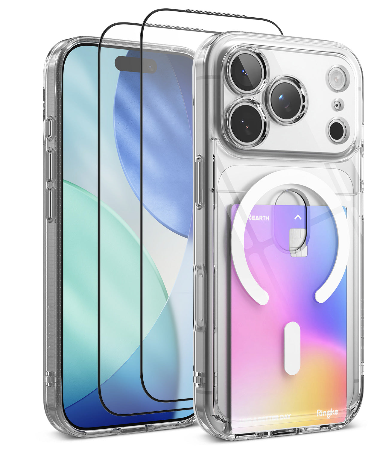 [Bundle] iPhone 18 Pro | Fusion Card Magnetic + Protectors - Clear protective phone case with built-in MagSafe magnetic ring and card slot, shown on a smartphone with two screen protectors, on a white background.