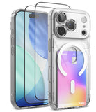 [Bundle] iPhone 18 Pro | Fusion Card Magnetic + Protectors - Clear protective phone case with built-in MagSafe magnetic ring and card slot, shown on a smartphone with two screen protectors, on a white background.
