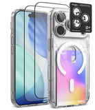 [Bundle] iPhone 18 Pro | Fusion Card Magnetic + Protectors - Clear protective phone case with a built-in white MagSafe ring, shown on a smartphone. The image also includes two black tempered glass screen protectors and a black Ringke camera lens protector sticker.