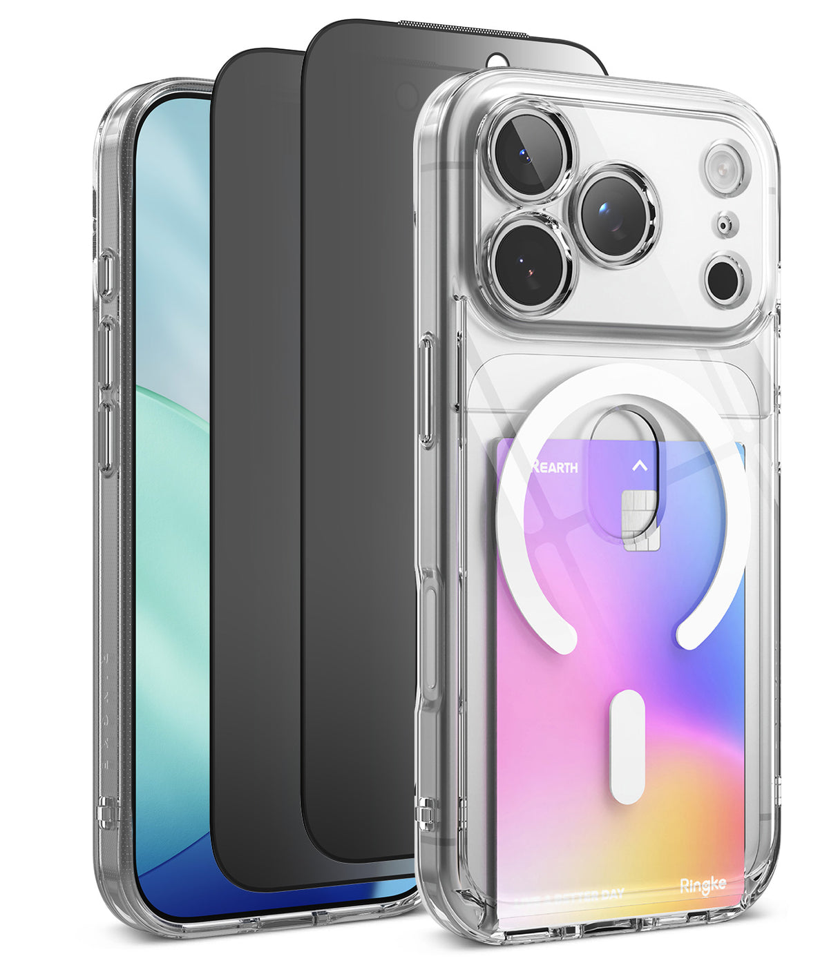 [Bundle] iPhone 18 Pro | Fusion Card Magnetic + Privacy Protectors - Three transparent phone cases shown on smartphones against a white background, with the front case featuring a built-in white MagSafe-style ring and a colorful card holder insert. The cases are clear with metallic and dark inner layers visible.