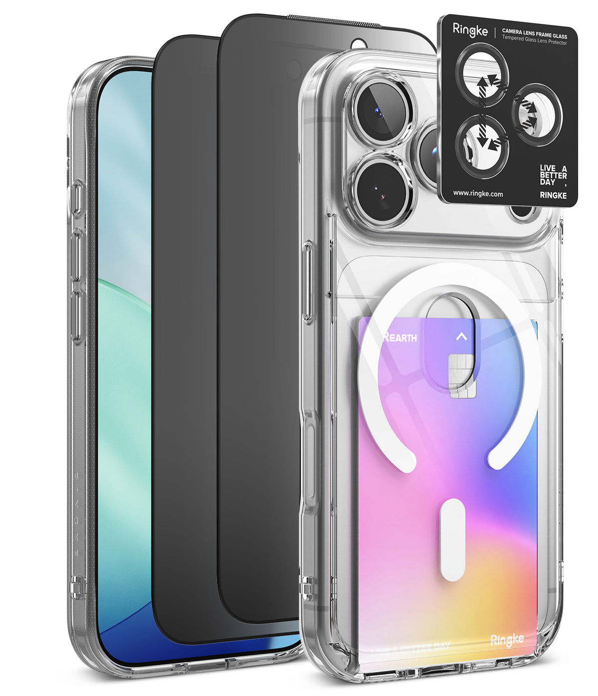 [Bundle] iPhone 18 Pro | Fusion Card Magnetic + Privacy Protectors - Ringke Live & Stay case set for iPhone, featuring a clear protective case with a built-in MagSafe ring, a white card slot with an ID card, a black camera lens protector, and a black Ringke brand sticker, displayed alongside two black iPhones.