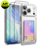 [Bundle] iPhone 18 Pro / Pro Max | Fusion Card + AR Protectors - Clear protective phone case with a built-in card slot and a circular AR Coating badge overlay, shown on a smartphone from front and back angles against a white background.
