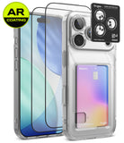 [Bundle] iPhone 18 Pro / Pro Max | Fusion Card + AR Protectors - Clear protective phone case with a built-in card slot and transparent camera surround, shown on a smartphone. Two AR-coated screen protectors are displayed beside the phone, along with a Ringke camera lens protector sticker and a small Ringke badge.