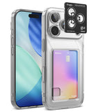 [Bundle] iPhone 18 Pro / Pro Max | Fusion Card + Protectors - Clear protective phone case with a built-in card holder pocket and camera ring, shown on a smartphone with a card inserted, plus a black Ringke camera ring accessory shown separately on a white background.