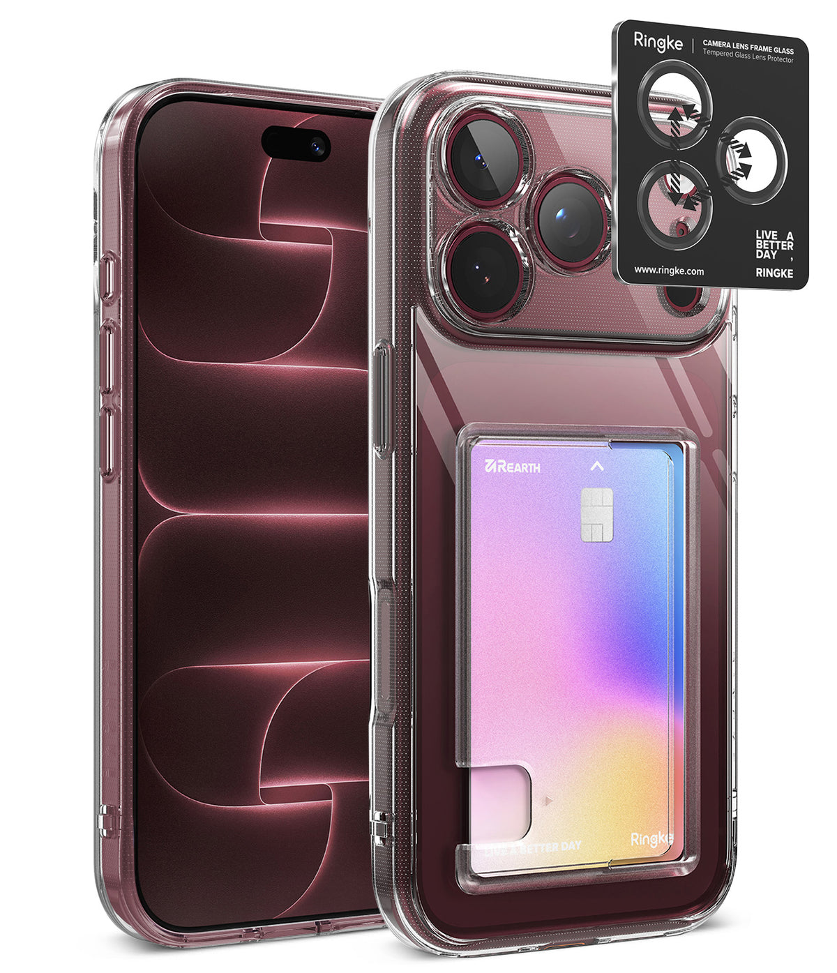 [Bundle] iPhone 18 Pro / Pro Max | Fusion Card + Privacy Protectors - Clear protective phone case with a built-in card holder pocket, shown on a smartphone with two tempered glass screen protectors and a Ringke camera lens protector sticker displayed beside it on a white background.