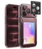 [Bundle] iPhone 18 Pro / Pro Max | Fusion Card + Privacy Protectors - Clear protective phone case with a built-in card holder pocket, shown on a smartphone with two tempered glass screen protectors and a Ringke camera lens protector sticker displayed beside it on a white background.