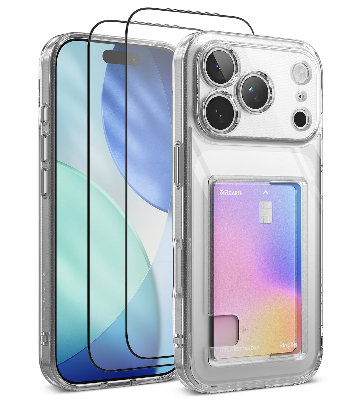 [Bundle] iPhone 18 Pro / Pro Max | Fusion Card + Protectors - Clear protective phone case with a built-in card slot holding a credit card, shown alongside two black tempered glass screen protectors on a white background.