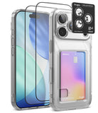 [Bundle] iPhone 18 Pro / Pro Max | Fusion Card + Protectors - Clear protective phone case with a built-in card holder pocket, shown on a smartphone with two tempered glass screen protectors and a Ringke camera lens protector sticker displayed beside it on a white background.
