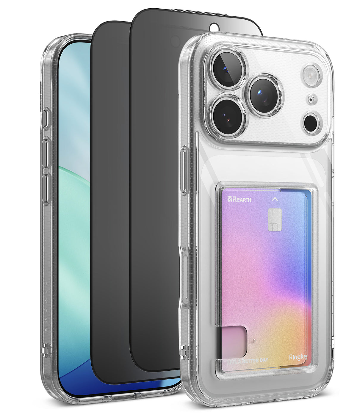 [Bundle] iPhone 18 Pro / Pro Max | Fusion Card + Privacy Protectors - Three clear protective phone cases shown on smartphones against a white background, with the front case displaying a built-in card holder containing a credit card.