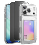 [Bundle] iPhone 18 Pro / Pro Max | Fusion Card + Privacy Protectors - Three clear protective phone cases shown on smartphones against a white background, with the front case displaying a built-in card holder containing a credit card.