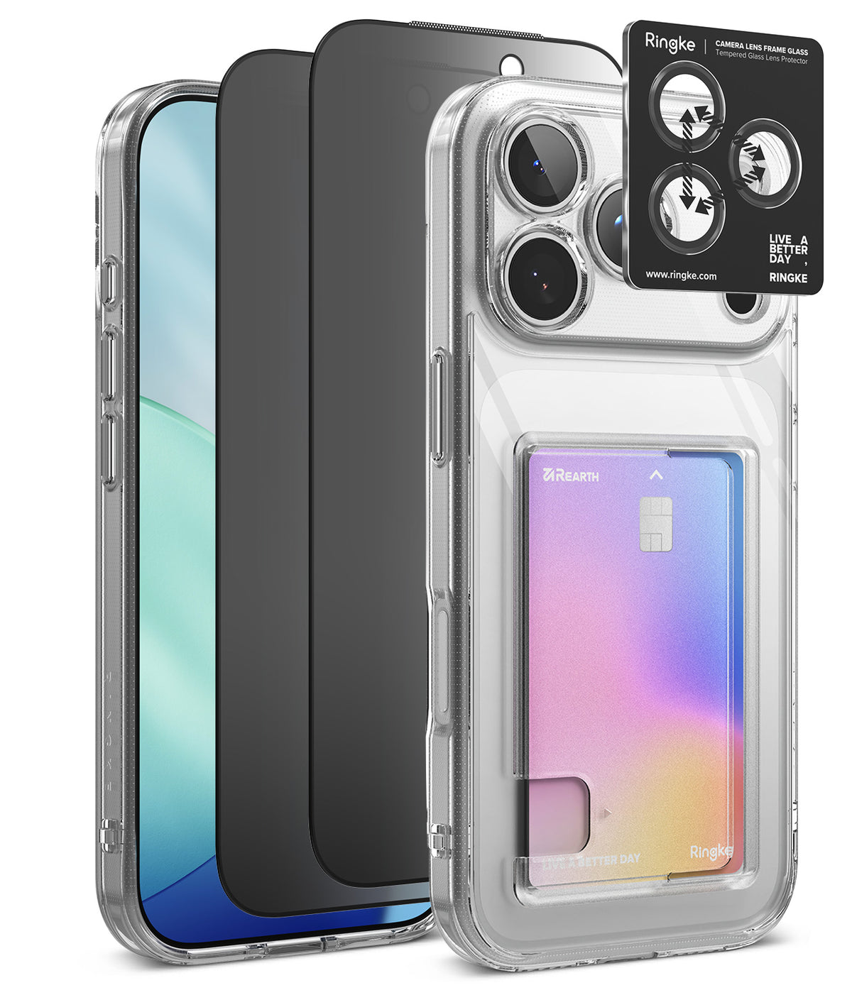 [Bundle] iPhone 18 Pro / Pro Max | Fusion Card + Privacy Protectors - Ringke iPhone case set shown on a white background, including a clear protective case with a built-in card holder, a dark tinted protector, and a black camera lens protector sticker.