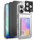 [Bundle] iPhone 18 Pro / Pro Max | Fusion Card + Privacy Protectors - Ringke iPhone case set shown on a white background, including a clear protective case with a built-in card holder, a dark tinted protector, and a black camera lens protector sticker.