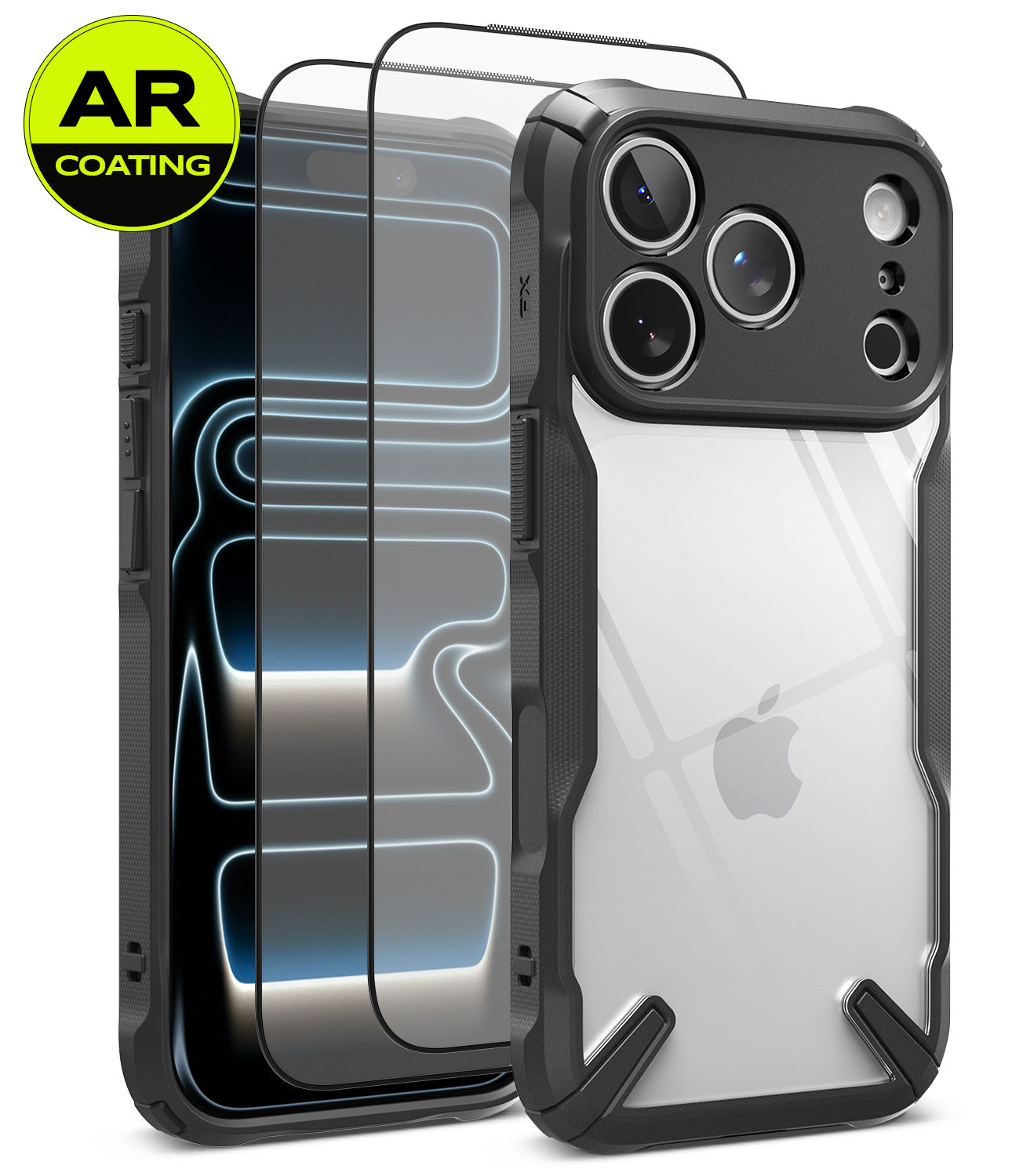 [Bundle] iPhone 18 Pro / Pro Max | Fusion-X + AR Protectors - A clear AR-coated phone case with a black protective bumper frame, shown on a smartphone. The image includes a graphic overlay of the AR coating and a yellow circular badge reading 'AR COATING'.