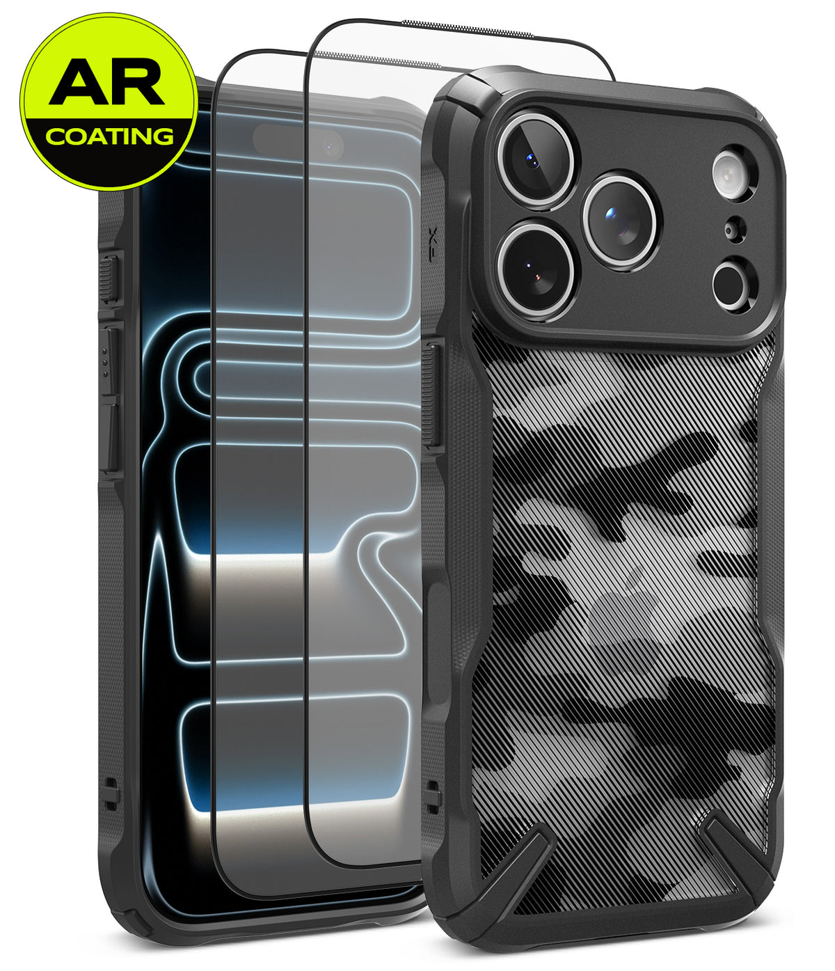 [Bundle] iPhone 18 Pro / Pro Max | Fusion-X + AR Protectors - A black protective phone case with a gray and black camouflage pattern on the back, shown alongside two clear tempered glass screen protectors with an AR coating overlay. A yellow circular 'AR COATING' badge is in the top-left corner.