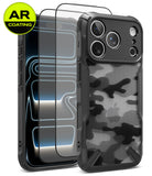[Bundle] iPhone 18 Pro / Pro Max | Fusion-X + AR Protectors - A black protective phone case with a gray and black camouflage pattern on the back, shown alongside two clear tempered glass screen protectors with an AR coating overlay. A yellow circular 'AR COATING' badge is in the top-left corner.