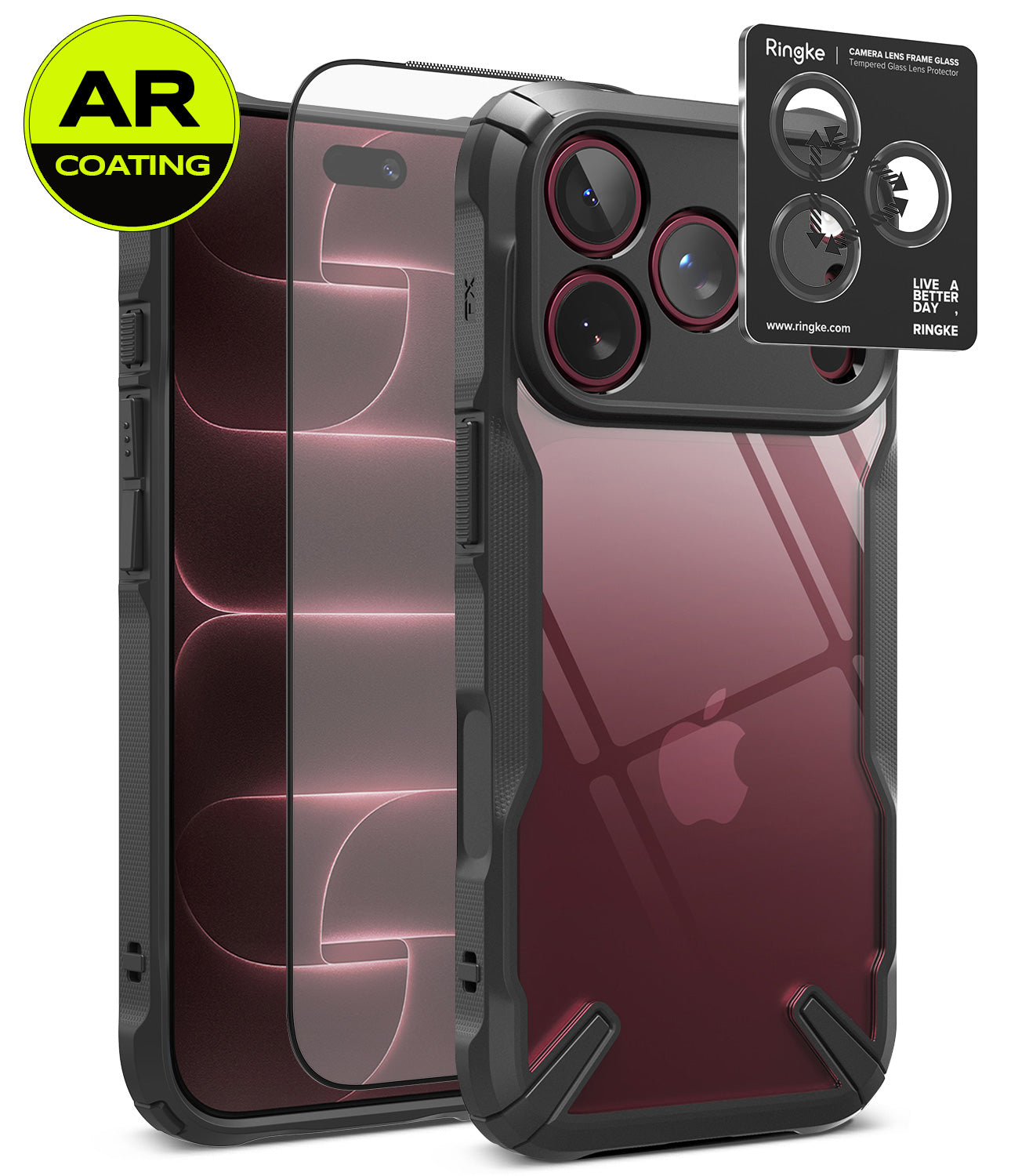 [Bundle] iPhone 18 Pro / Pro Max | Fusion-X + AR Protectors - Clear protective phone case with black bumper edges shown on an iPhone, alongside two AR-coated screen protectors and a Ringke camera lens protector accessory card, on a white background.