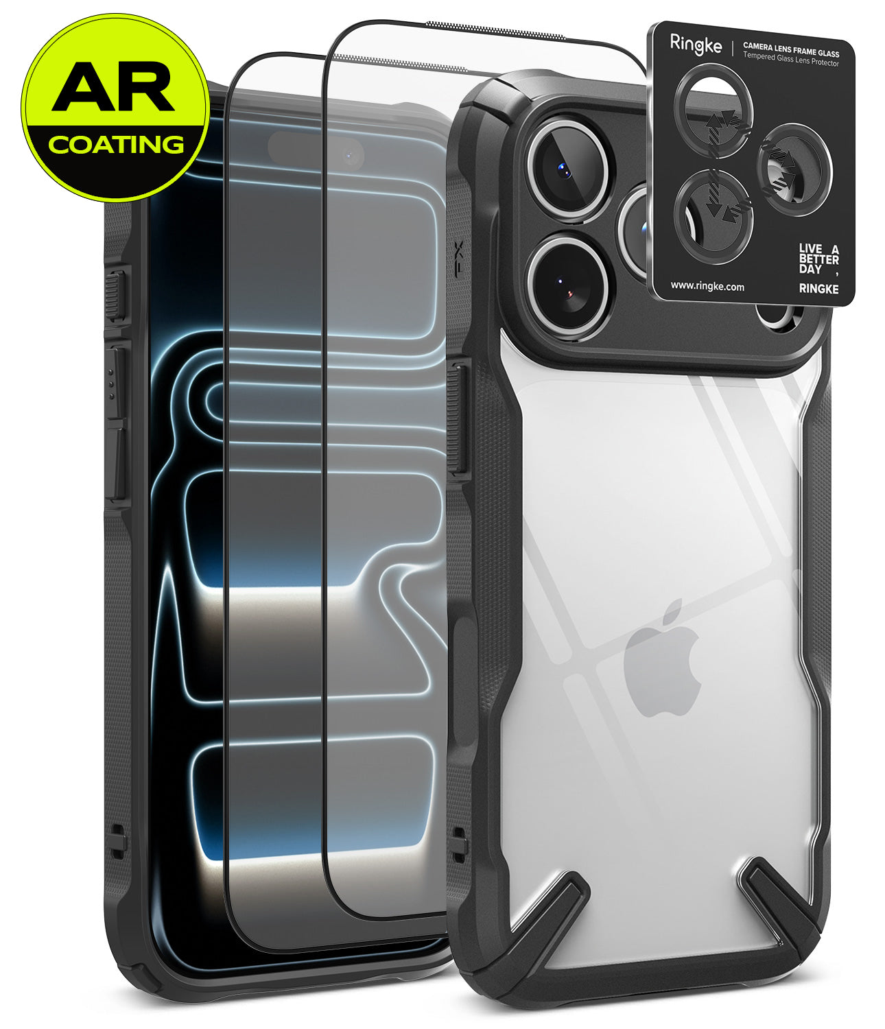 [Bundle] iPhone 18 Pro / Pro Max | Fusion-X + AR Protectors - Clear protective phone case with black bumper edges shown on an iPhone, alongside two AR-coated screen protectors and a Ringke camera lens protector accessory card, on a white background.
