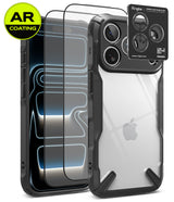 [Bundle] iPhone 18 Pro / Pro Max | Fusion-X + AR Protectors - Clear protective phone case with black bumper edges shown on an iPhone, alongside two AR-coated screen protectors and a Ringke camera lens protector accessory card, on a white background.